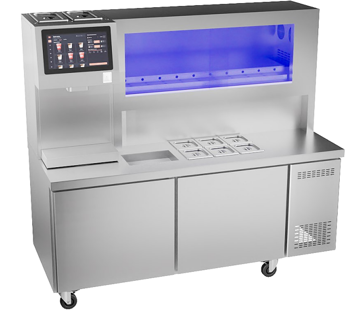 1.8米旗舰款智能奶茶机 带制冷带扫码 功率1.77KW/220 产品尺寸1800*800*1600 采用独立后台系统APP,智能板选配项:手机短信报警、OTA(空中下载技术),实行分层监管。WIFI联网,数据实时同步。 一键清洗,物料管控,余料提醒 ,出品精准,自动校准 ,操作简便,小白上手 配方云处理,5秒出品