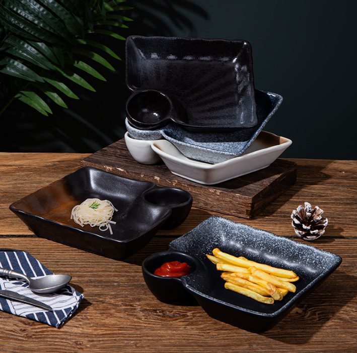 头台盘子 - 日式陶瓷子母盘创意餐具,饺子盘家用菜盘饭店餐具饭盘带醋碟,尺寸17.5x7cmx4cm