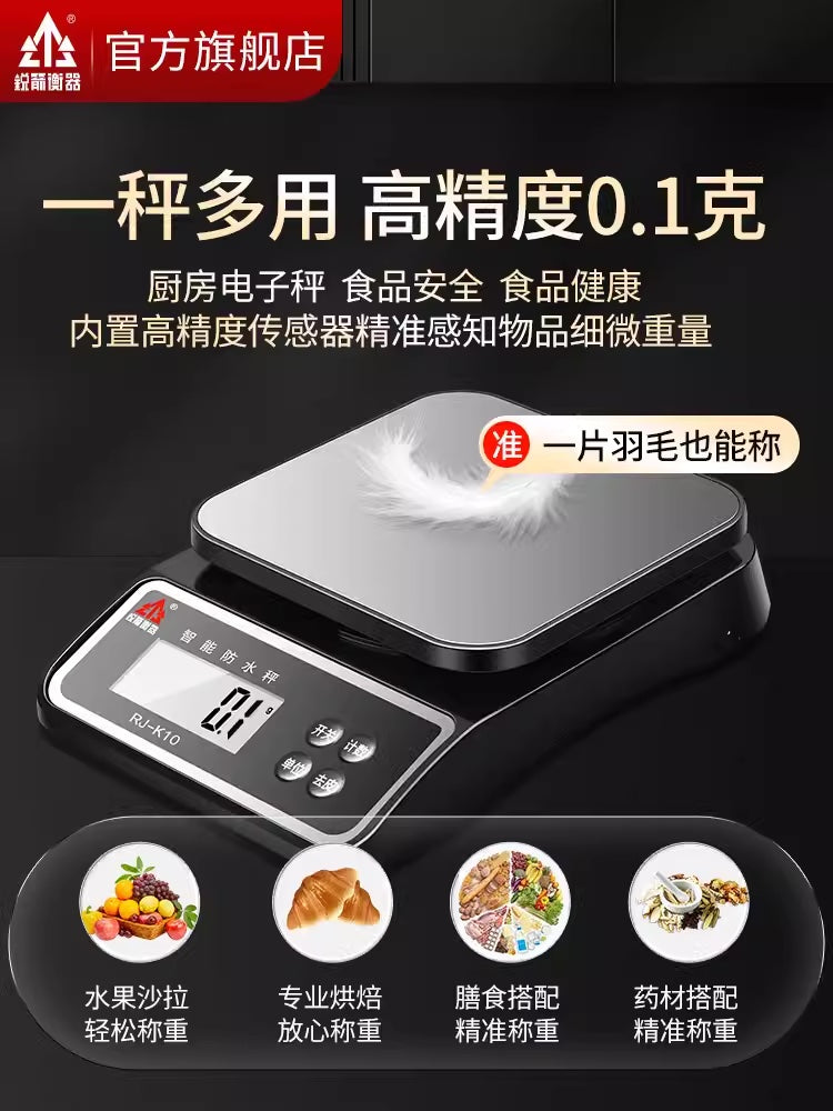 厨房电子秤 - 高精度0.1g,防水小型克称,适用于烘焙,精选锂电池款,10kg容量,15.3x22.7x5cm
