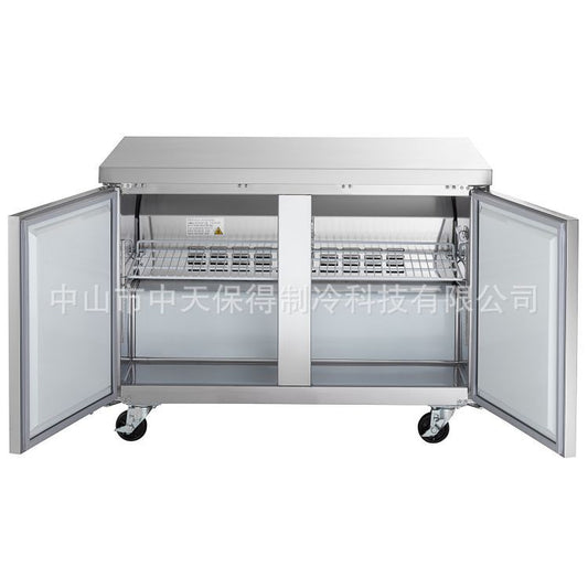 American double door refrigerated workbench - milk tea shop refrigerated and frozen workbench, kitchen horizontal fresh-keeping flat cold workbench, 110V 120*76*85