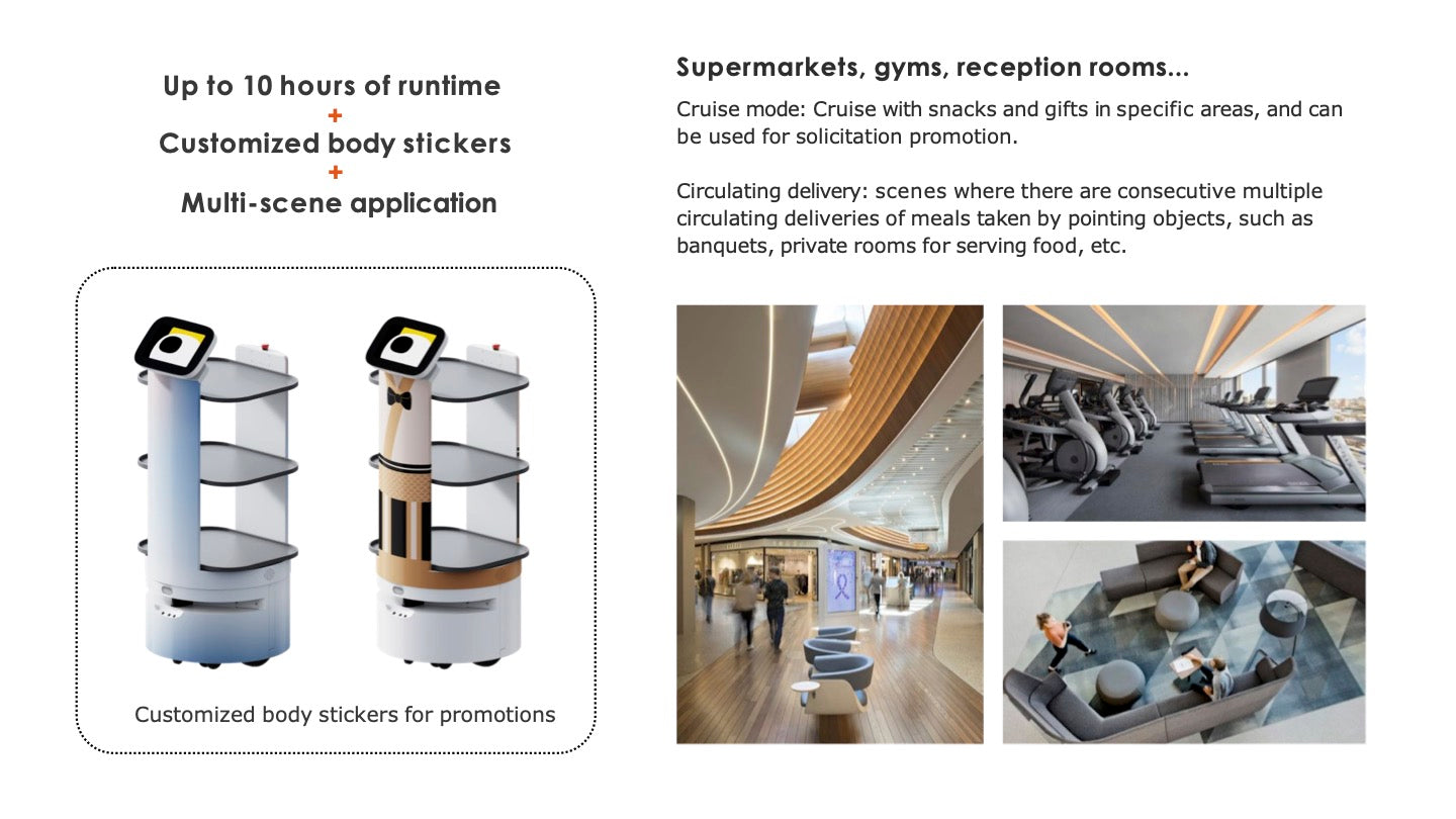 Catering delivery robots are mainly used for food and beverage delivery in restaurants, hotels, KTVs, office buildings and other commercial spaces