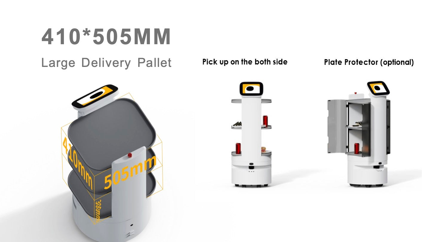 Catering delivery robots are mainly used for food and beverage delivery in restaurants, hotels, KTVs, office buildings and other commercial spaces
