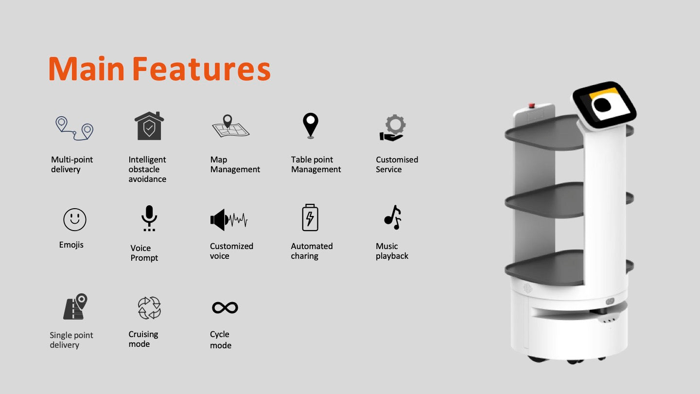 Catering delivery robots are mainly used for food and beverage delivery in restaurants, hotels, KTVs, office buildings and other commercial spaces