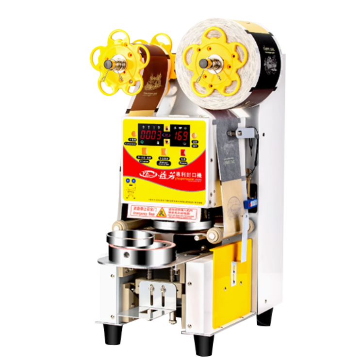 全自动奶茶杯封口机 电气参数:220V/50Hz/500W 可封口径:88/89/90/95通用 可封杯高:可达21cm (64*34*25cm)