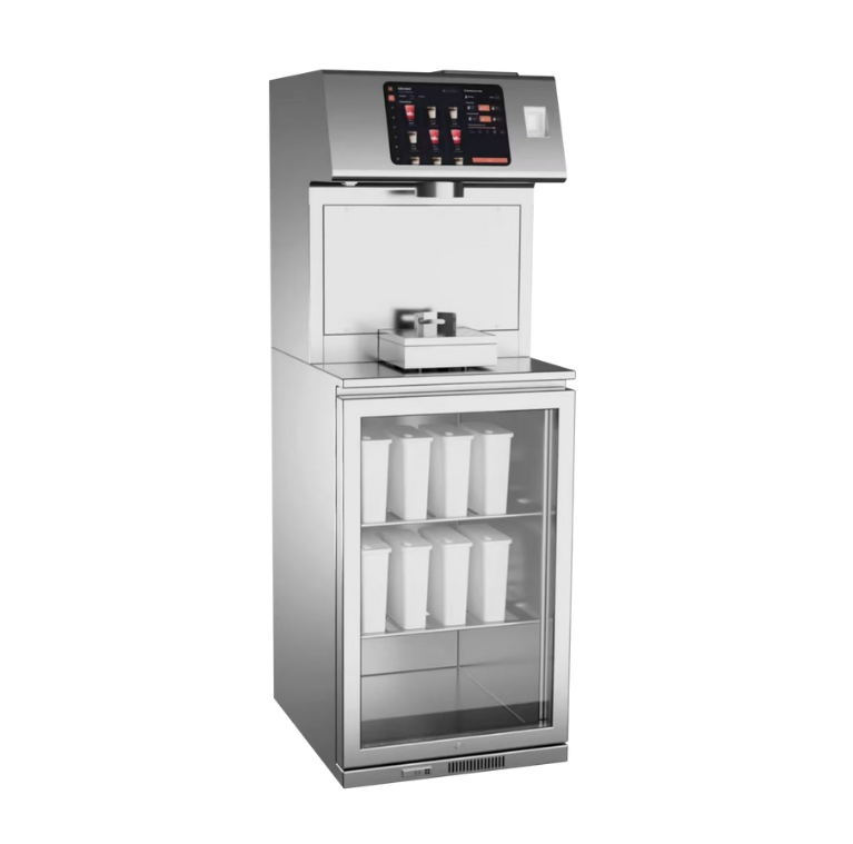 迷你落地式智能奶茶机8+1带制冷带扫码 4+2 功率0.91KW/220V 产品尺寸560*750*1460 采用独立后台系统APP,智能板选配项:手机短信报警、OTA(空中下载技术),实行分层监管。WIFI联网,数据实时同步。 一键清洗,物料管控,余料提醒 ,出品精准,自动校准 ,操作简便,小白上手 配方云处理,5秒出品