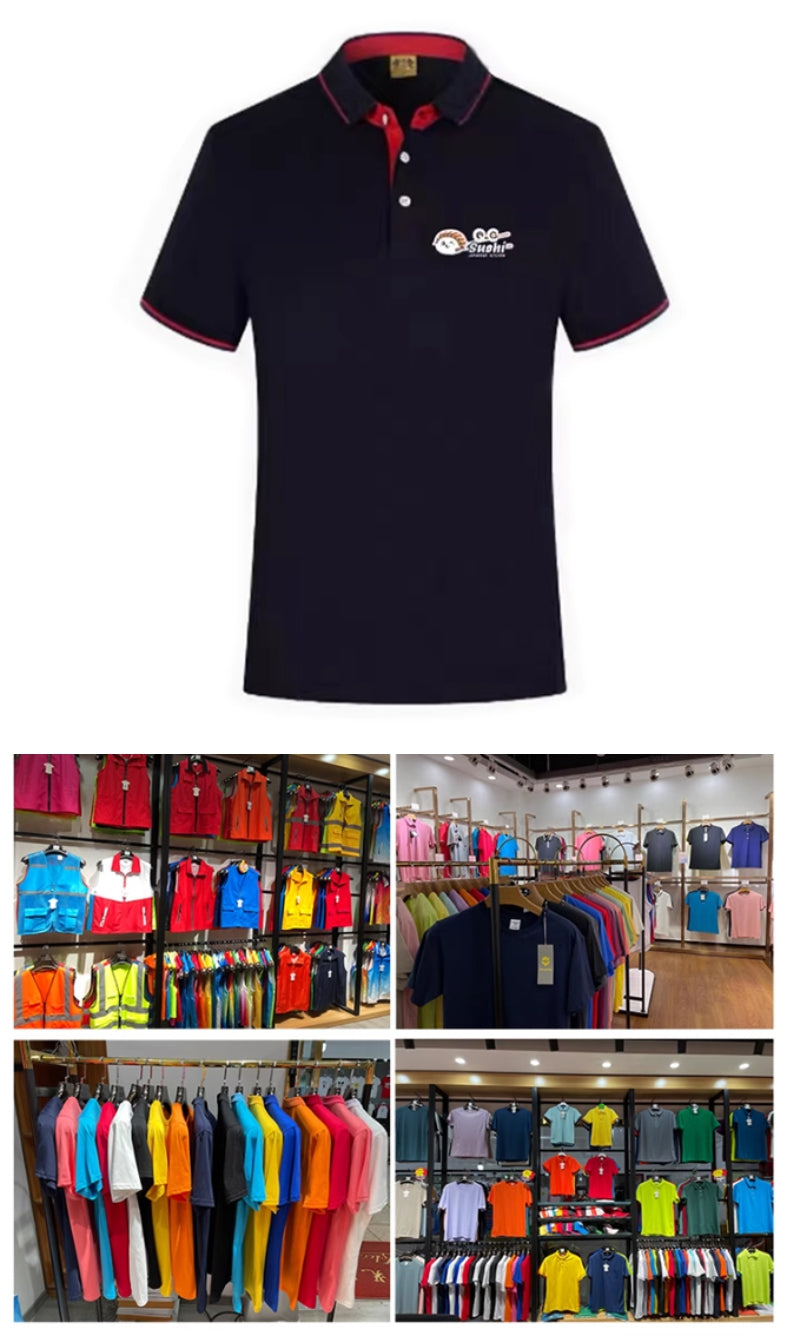 200 workwear polo shirts with custom printed logos in sizes S, M, L, XL...