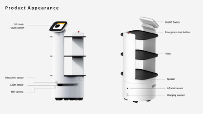餐饮配送机器人，主要用于餐厅、酒店、KTV、办公楼及其他商业空间的食品和饮料配送